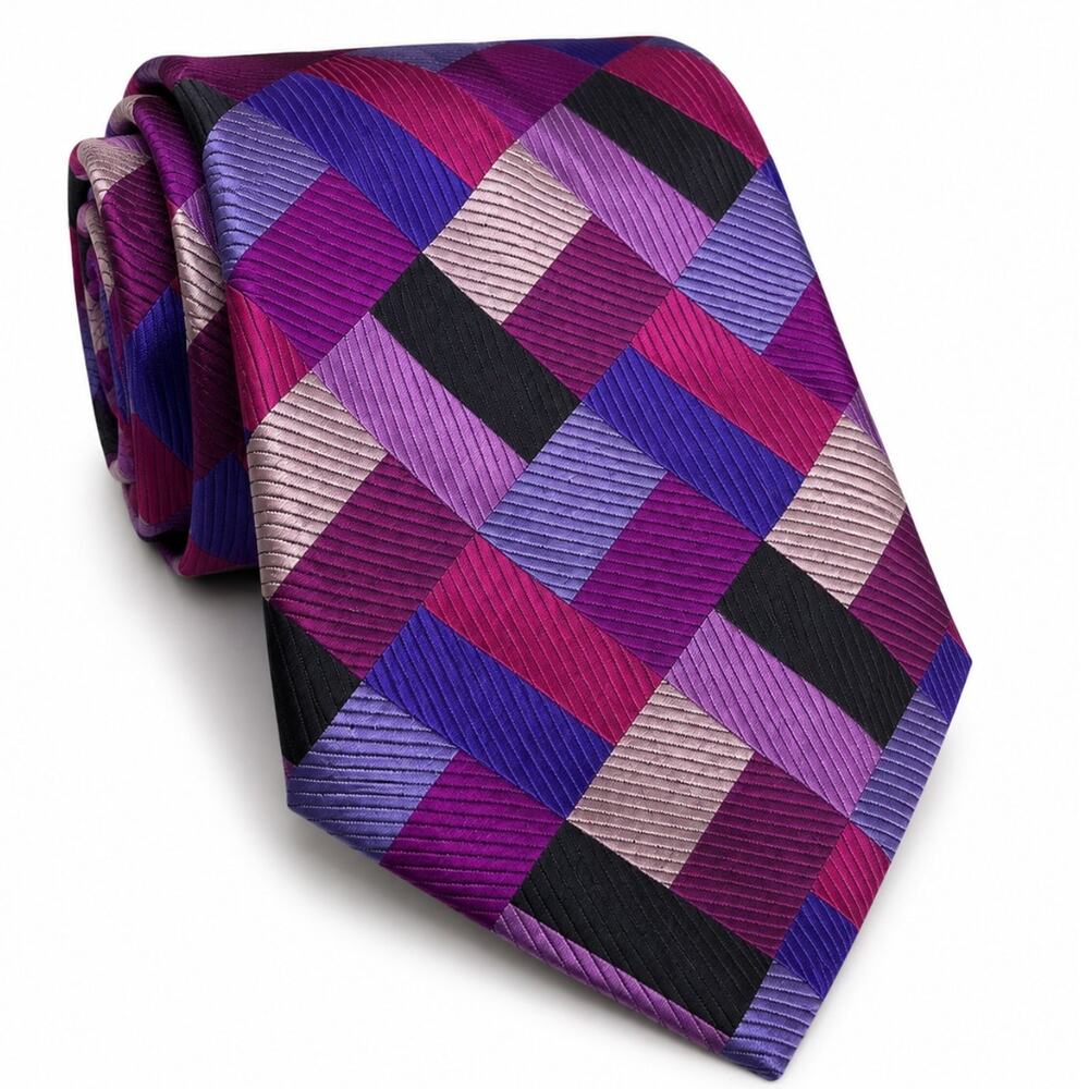 Duchamp London 100% Silk Geometric Tie Purple Pink Woven Loud Luxury Necktie